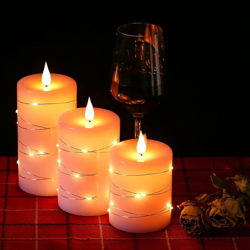Da by Flameless Candles with String Lights，Battery Operated Candles,LED Flickering Candles with Remote Control and Timer, Real Wax, 3 Pack-Pink - Image 4